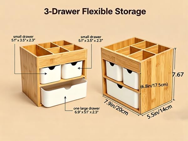 Bamboo Office Desk Organizer with 3 Drawers Wood Makeup Organizer Dresser Cosmetic Box Organizer for Home with Adjustable Dividers