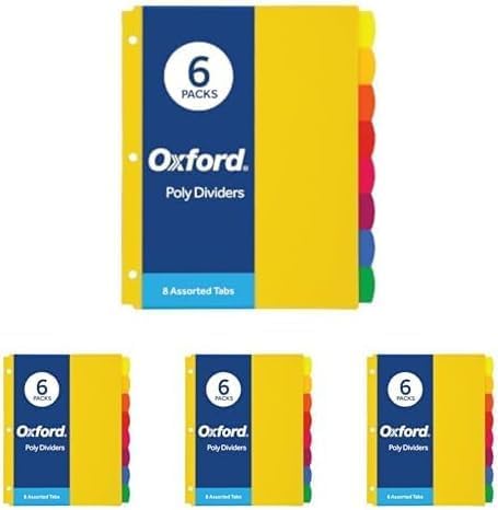 Oxford Plastic Binder Dividers for 3 Ring Binder,Durable Plastic-Binder Divider,8 Tab,Multicolor Tabs,3 Hole Punched,Letter Size,6 Sets (89601),(Pack of 4)