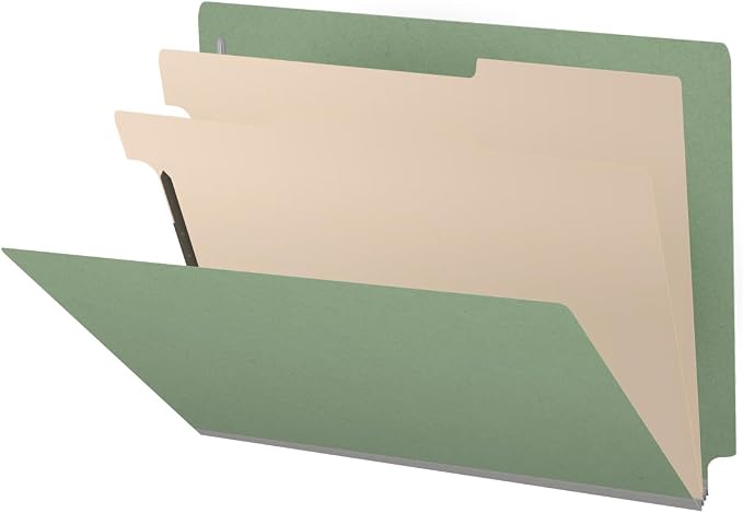 Pressboard Classification Folders, Full Cut End Tab, Letter Size, 2 Dividers, Green (Box of 10)
