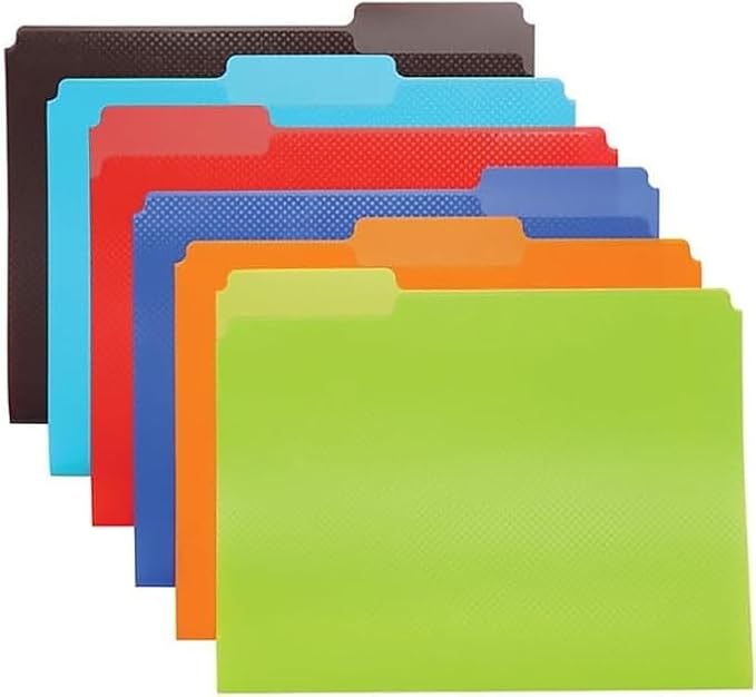 Oxford Poly File Folders, 6 Pack of Plastic File Folders, 1/3 Cut Tabs, for Letter Size Papers, Blue, Red, Orange, Light Blue, Green, Black (52004)