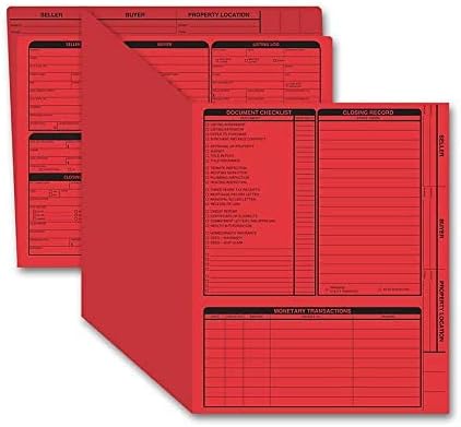 Real Estate Listing Folder - Right Panel List, Holder for Documents Pre-Printed with Closing Checklist & Tracker on Card Stock Color-Dots for Organization - Letter Size, 25-Pack - Red