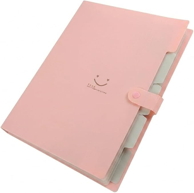 Smile face Expanding File Folder, 5 Pockets Plastic Document Organizer, A4 Letter Size Accordion Folder with Snap Closure, Portable Durable Paper Organizer for Home Office School (Pink)