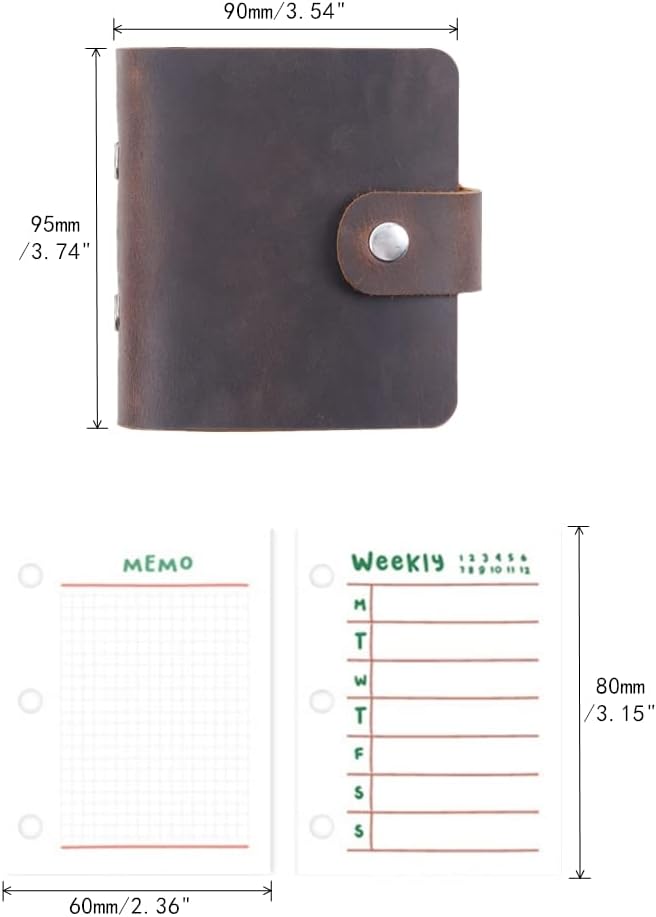 A9 Genuine Leather Journal, Coffee Handmade Leather Pocket Size Binder Planner, Mini Vintage Leather Planner, 120 Sheets Pages, Loose Leaf 3-Ring with Snap Button Closure (Coffee)