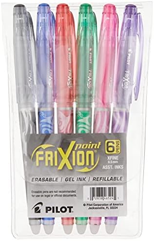 Pilot, FriXion Point Erasable & Refillable Gel Ink Pens, Extra Fine Point 0.5 mm, Pack of 6, Assorted Colors