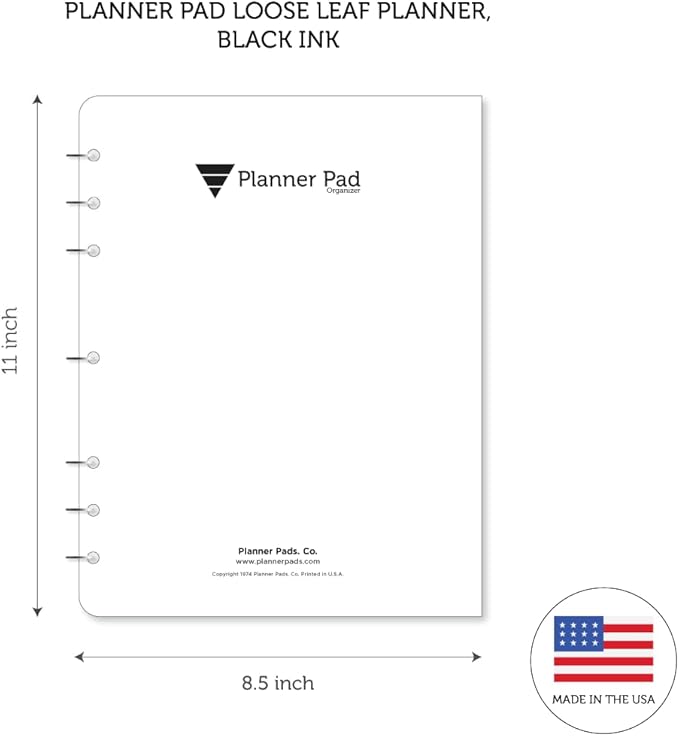 Planner Pad 7 Hole Loose Leaf January-December 2026/ Calendar Year 8 1/2" x 11" Large 3-Tier Funnel Down 12 Month Organizer,Black Ink, 8 1/2" x 11”
