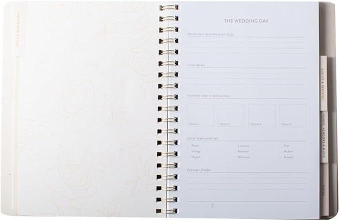 Fringe Studio Faux Leather Cover Semi-Concealed Spiral Wedding Planner, 4 Tab Dividers, Elastic Closure, "CASCADING ROSES", Approx. 7.5" w x 9.75" h, 104 Pg, Wedding Collection (680002)