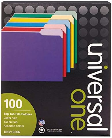 Universal 10506 File Folders, 1/3 Cut Single-Ply Top Tab, Letter, Assorted, 100/Box