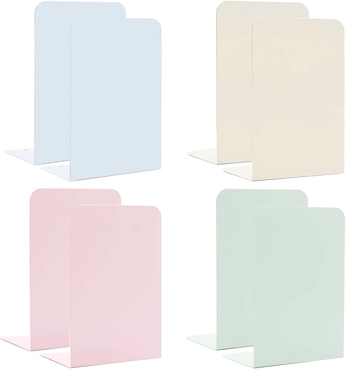 Metal Bookends,4 Pairs/8 Pieces Heavy Duty Bookends for Shelves Heavy Books, Anti-Slip Design Book Stopper for Magazines, DVDs, Kids, Girls(8 x 5.3 x 4 inches)