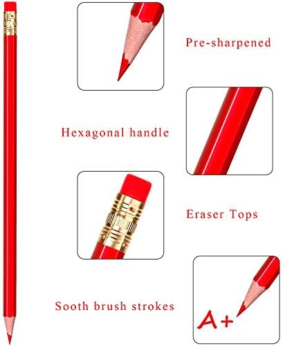 Zhanmai 24 Pieces Red Pencils with Eraser Pre Sharpened Wooden Erasable Checking HB Pencils with Erasable Tops for Writing Drawing Checking Coloring Tests Grading Map Coloring Editing Office Favors