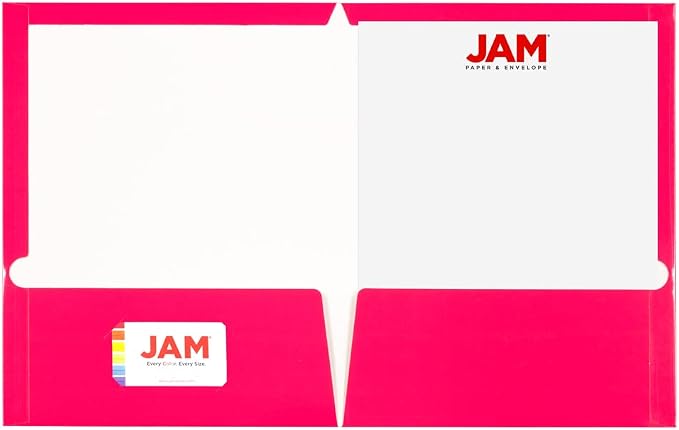 JAM PAPER Laminated Two Pocket Glossy School Folders - Letter Size - High Gloss Fuchsia Hot Pink - Bulk 100/Box