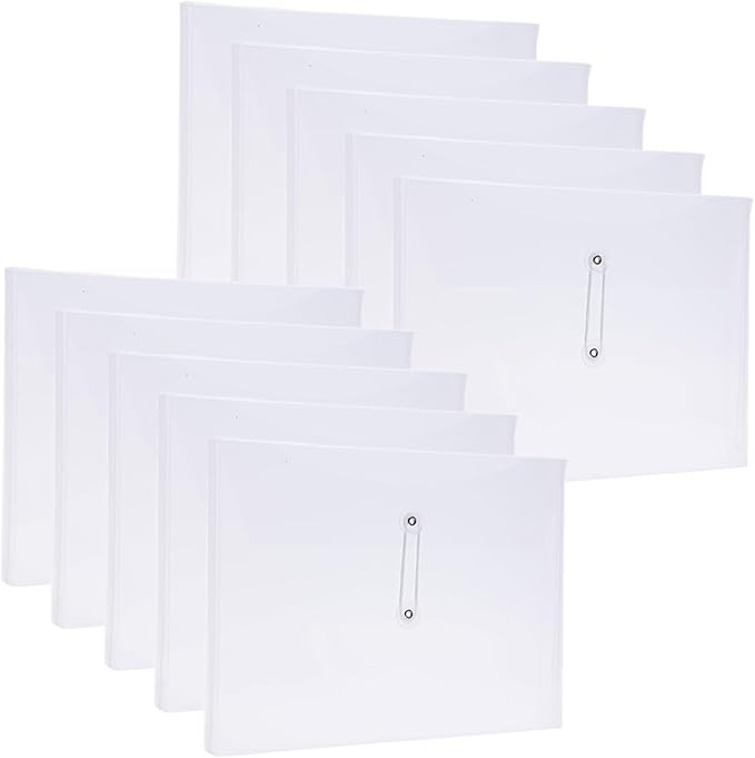 A4 Letter Size Plastic Poly Envelopes with Button and String Tie Closure, 1-1/4" Expansion Clear File Folders Side Loading Documents Organizer for Home School and Office Supplies (10)