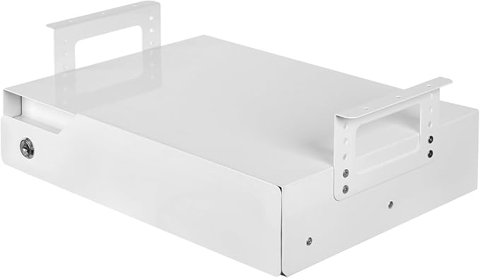 Under Desk Drawer Storage with Lock, Metal Undermount Table Drawer, Ball Bearing Slides Out Tray Organizer for Paper, Pencil, and Laptop 17.3"x11.8"x5.4", White with Adjustable Brackets