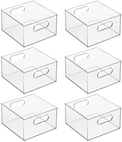 mDesign Deep Plastic Stackable Storage Organizer Container Bin, Office Organization for Filing Cabinet, Cupboard, Shelves, and Desk - Holds Notepads, Pens, Pencils - Ligne Collection, 6 Pack, Clear