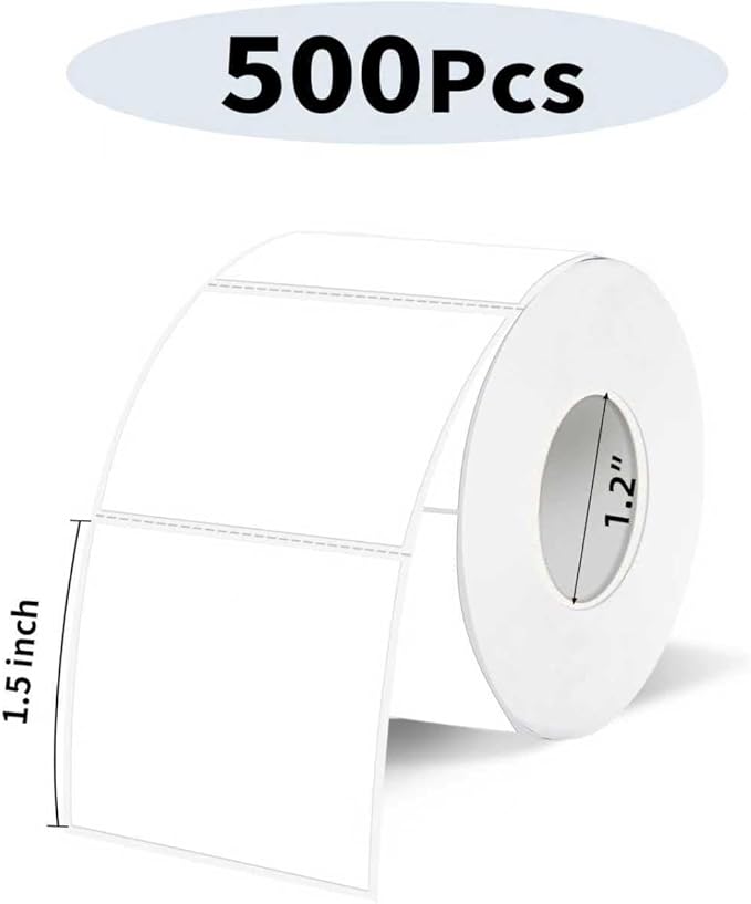 1.5 Inch Square Thermal Labels Printer Stickers, White Self-Adhesive Square Direct Thermal Labels Stickers, Waterproof/Perforation Line Design- 500 Sheets
