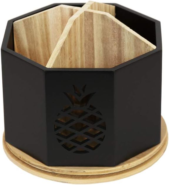 Spinning Desktop Stationary Organizer – Decorative Wooden Rotating Pen and Pencil Cup – 4 Compartment Black Desk and Table Top Office Supplies Station with Pineapple Cutout - by Designstyles