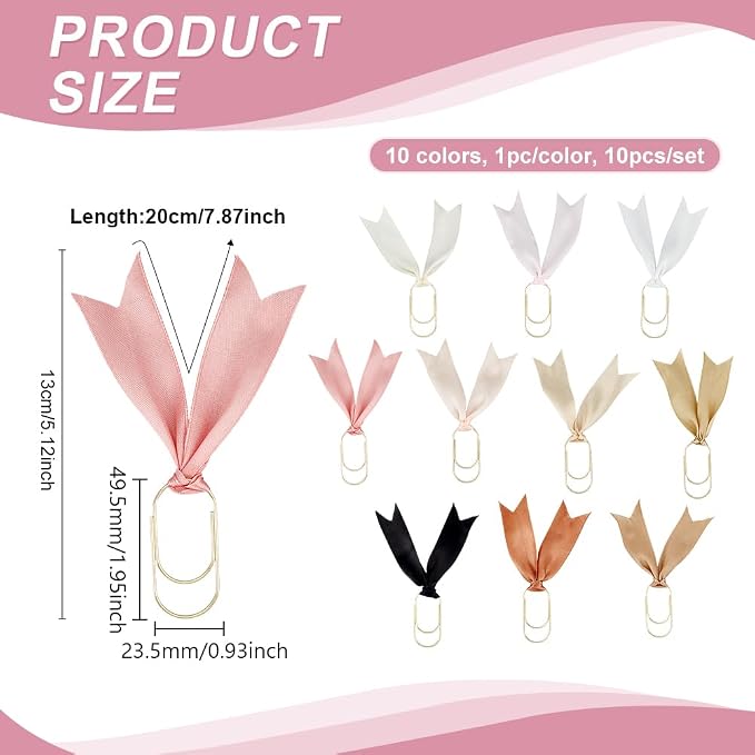 PH PandaHall 10pcs Ribbon Paper Clip, Colorful Planner Bookmark Ribbon Paperclips 1.95 Inch Large Paper Clips Metal Bookmarks Accessories for Back to School Office Teacher Students Book Notebook