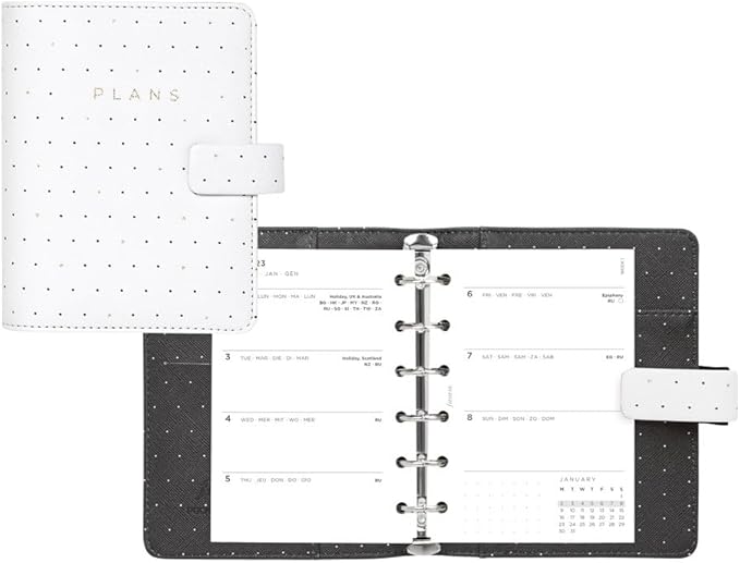 Filofax Moonlight Organizer, Pocket Size, White - Leather-Look, Gold Accents, Six Rings, Week-to-View Calendar Diary, Multilingual, 2025 (C022650-25)