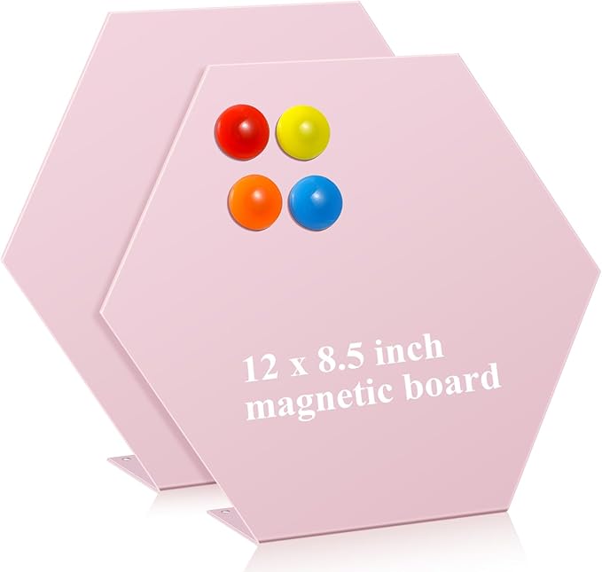Shimeyao 2 Pcs Magnetic Bulletin Board for Tabletops with 8 Magnets Memo Display Easel Stand for Home Office School Kitchen Table Supplies (Hexagon,Pink,10 x 8.5 Inch)