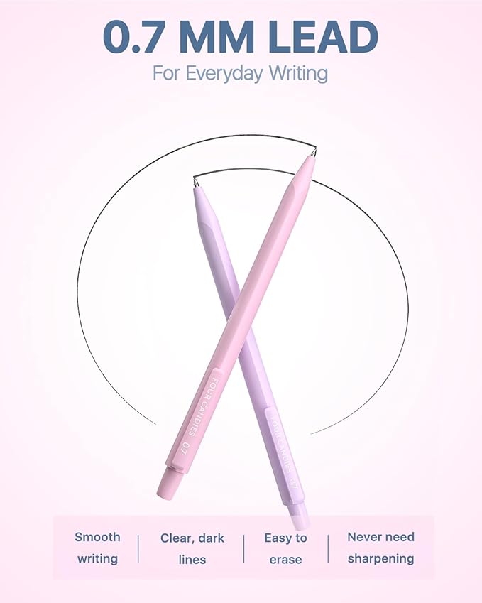 Four Candies 6PCS Cute Mechanical Pencil Set with 372 Leads & Erasers, 0.7mm Medium Point, Pencils Mechanical with 360PCS (HB & 2B) Lead Refills & 12PCS Erasers & Storage Case for Writing & Drawing