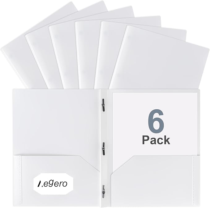 Aegero Folders with Pockets and Prong with Fasteners (6 Pack,White),Durable Plastic Pocket Folders with Prongs,Tear Resistant,2 Pocket 3 Prong Folders for Schoolwork & Office,Letter Size