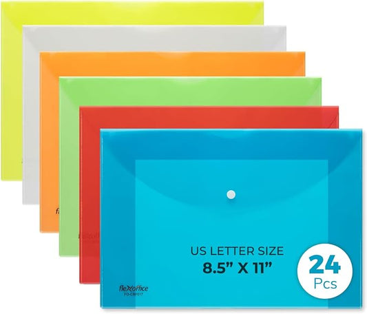 FLEXOFFICE 24 Pack Plastic Envelopes with Snap Closure, Legal Size, 15"x10.2", 6 Assorted Colors, File Folders for A4 Size, Letter Documents for Business, School, Home