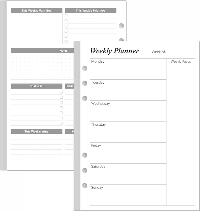 Weekly Planner Refills for A5 Binders - 53 Sheets/106 Pages Undated Weekly Planner, 6-Hole Punched, 100 gsm White Paper, Lasts 1 Year, Undated, 5.8" x 8.3", Black