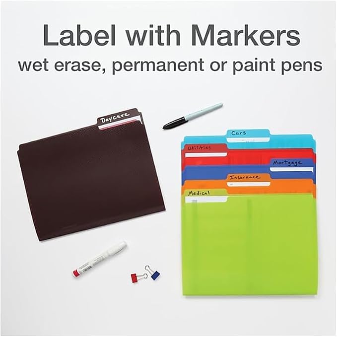 Oxford Poly File Folders, 6 Pack of Plastic File Folders, 1/3 Cut Tabs, for Letter Size Papers, Blue, Red, Orange, Light Blue, Green, Black (52004)