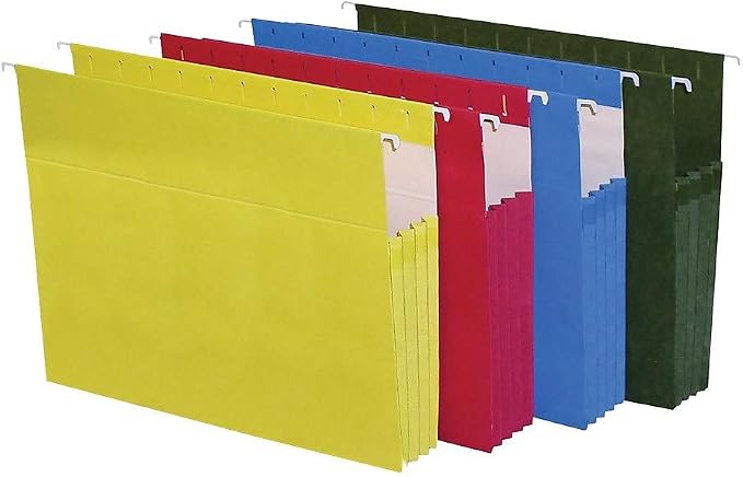 Staples Hanging File Folders, Letter Size, 3.5" Expansion, Assorted Colors, Heavy‑Duty Box‑Bottom – 4/Pack