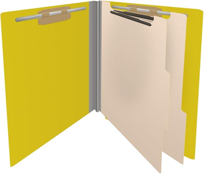25 Pt. Pressboard Classification Folders, Full Cut End Tab, Letter Size, 2 Dividers, Yellow (Box of 10)