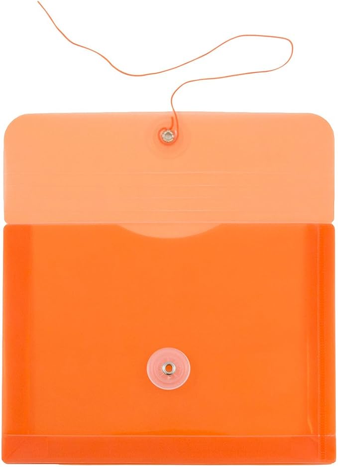 JAM PAPER Plastic Envelopes with Button & String Tie Closure - Index Size - 5 1/2 x 7 1/2 - Orange - 12/Pack