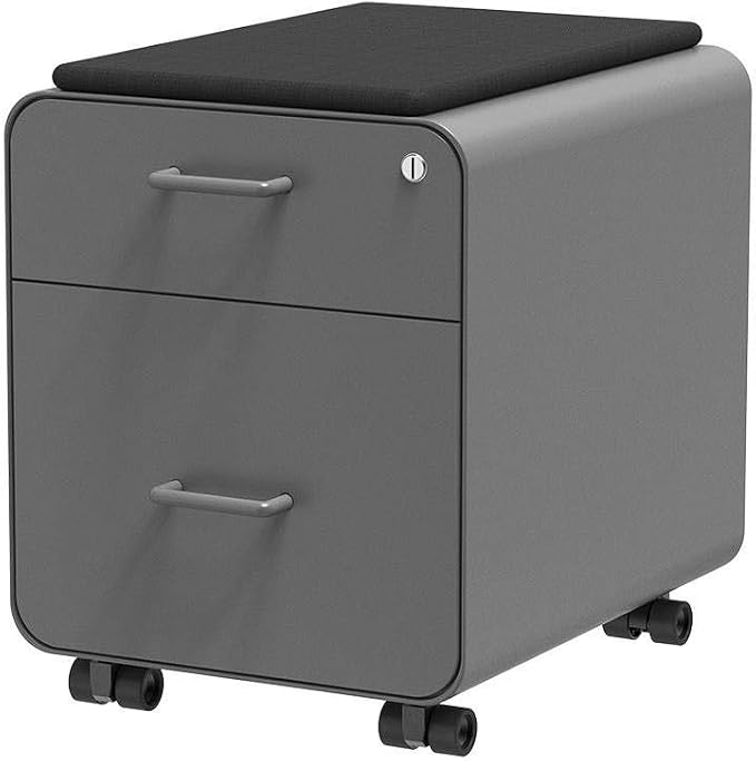 Monoprice Round Corner 2-Drawer File Cabinet - Gray, Lockable with Seat Cushion - Workstream Collection (137882), Grey