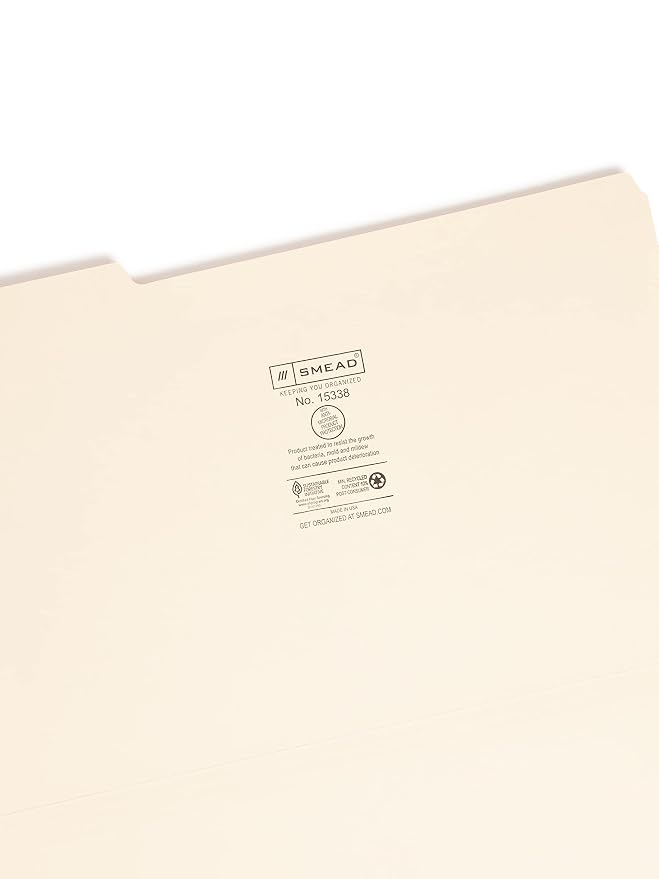 Smead File Folder with Product Protection, 1/3-Cut Tab, Assorted Positions, Legal Size, Manila, 100 per Box (15338)