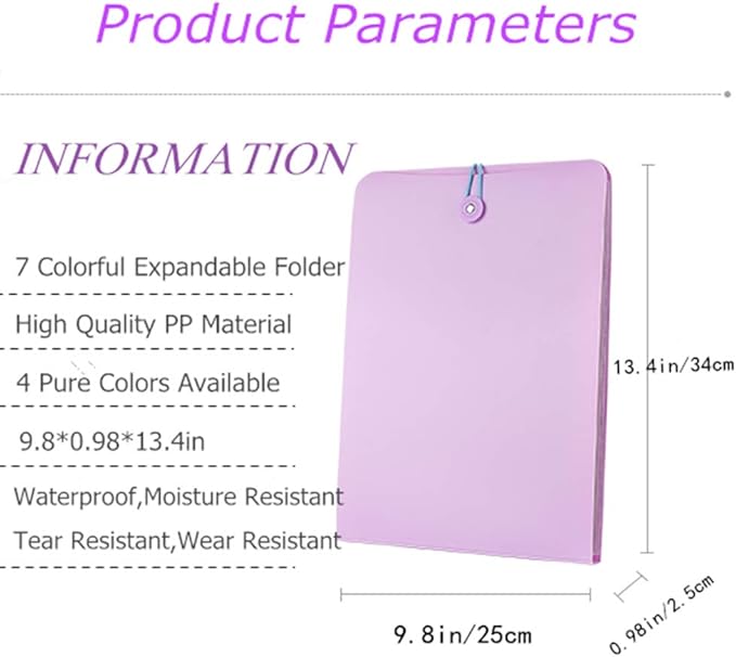 Vertical Expanding Accordion Folder with 7 Pockets Paperwork Organizer Document Wallet Briefcase Business File Organizer Bag A4 Letter Size Elastic Rope Closure Pink