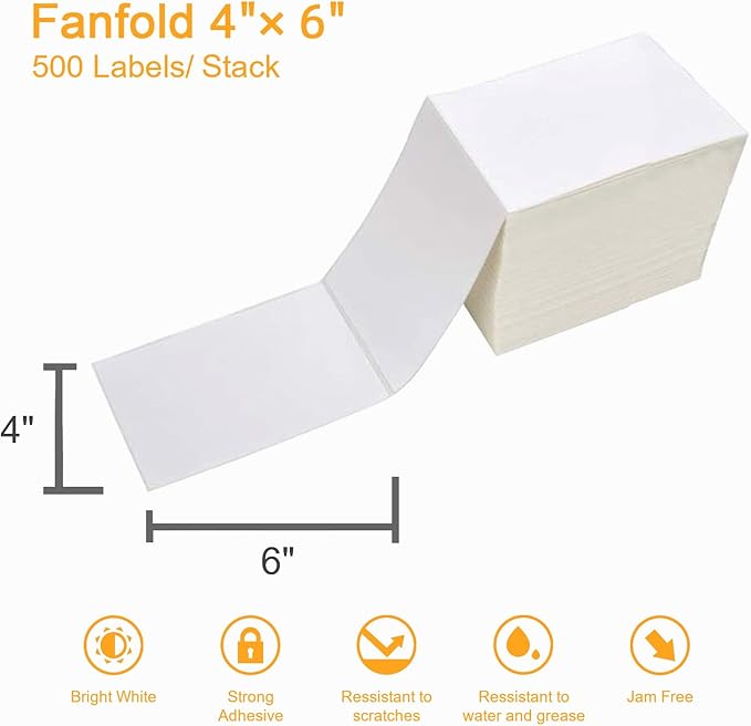 4000 Labels/8 Stacks 4" x 6" Fanfold Direct Thermal Shipping Address Labels Compatible with Zebra 2844 & Rollo Printer
