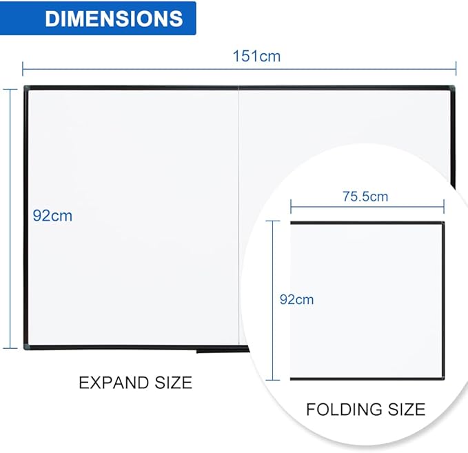 Large Magnetic Whiteboard 60 x 36 Inch, Foldable Dry Erase White Board with Pen Tray, Black Aluminum Frame Folding Message Presentation Board for Wall