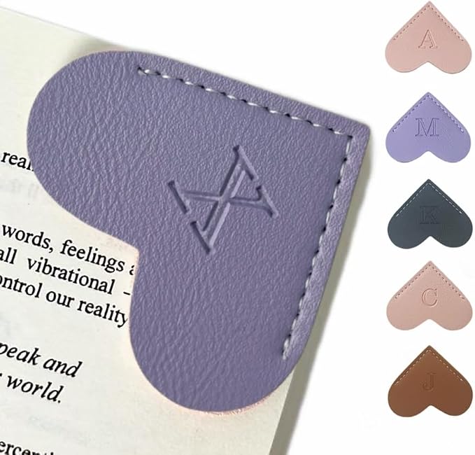 Personalized Leather Book Marks, Heart Bookmark, Unique Cute Handmade Letter Bookmarks Accessories for Reading Women, Teacher, Student, Book Lovers Book Mark Gifts (Purple, X)