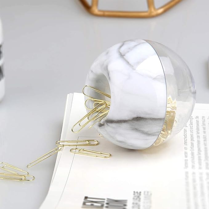 MultiBey NE-Clip-Marble-Round Paper Clips in Elegant Magnetic Marble White Clip Holder, 28mm, Gold, 100 Clips Per Box