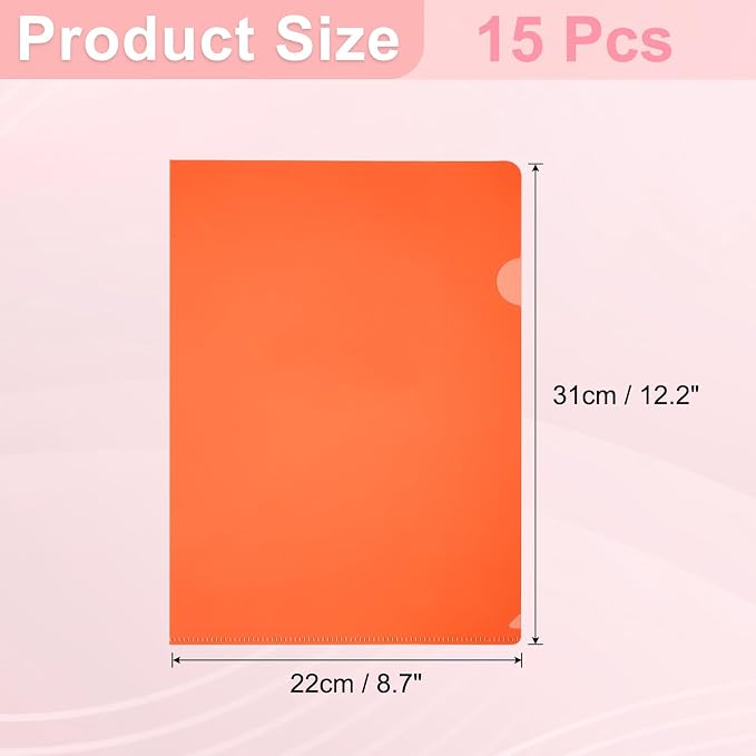 PATIKIL A4 Plastic Folders, 15 Pack Clear Folders L Type Project Pockets Paper Document Jacket Sleeves L Shaped Transparent for Documents Plastic Office File, 8.7x12.2in, Orange