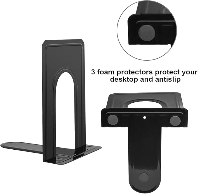 JIKIOU Book Ends Universal Premium Bookends for Shelves, Non-Skid Bookend, Heavy Duty Metal Book End, Book Stopper for Books/Movies/CDs/Video Games, 6.69 x 4.9 x 4.3 in, Black (3 Pairs/6 Pieces)