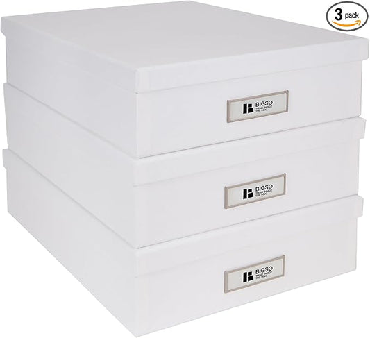 Bigso Oskar Fiberboard Label Frame Document Letter Box - File Organizer Box for Important Paperwork - Document Storage with a Lid & Metal Label Window - 3.3 in x 10.2 in x 13.8 in - 3 Pack - White