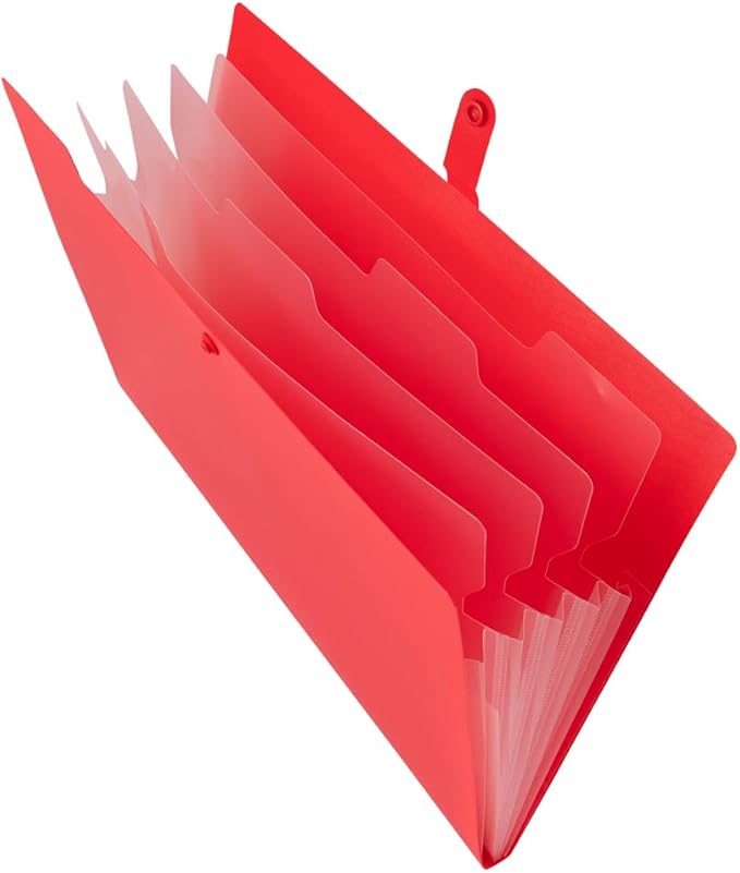 JAM PAPER Slim Expanding File Folder - 5 Pocket Plastic File Folder – Snap Closure - 9 x 11 1/2 - Red - Sold Individually