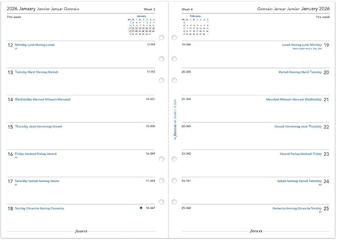 Filofax Calendar Diary Refill, A5 Size, Week on One Page, White Paper, Unruled, Multilingual: Four Languages, 2026 (C68517-26)