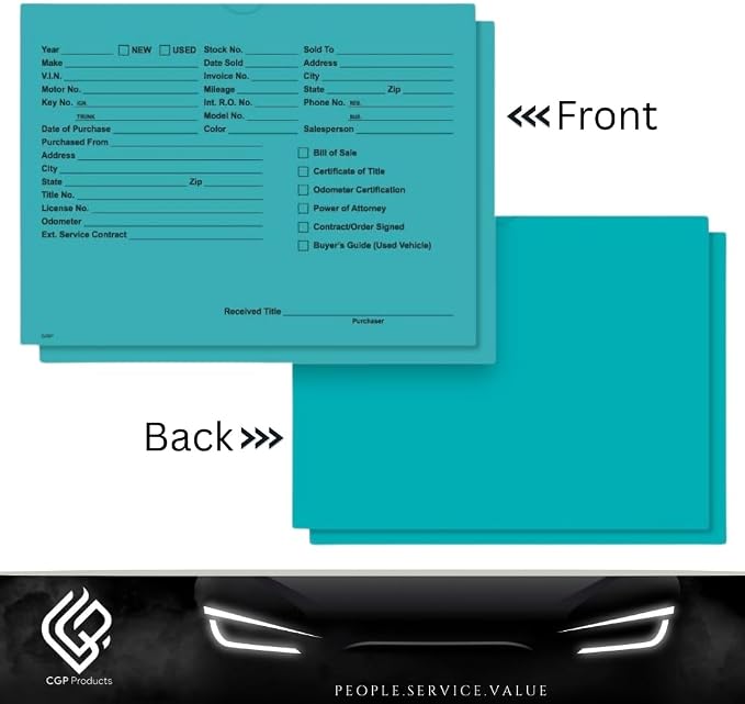 Printed Vehicle Deal Jackets Envelopes Folders for Auto Car Dealerships - 9x12 Size - Dealer Supplies - New and Used Cars - 100 Quantity (Teal)