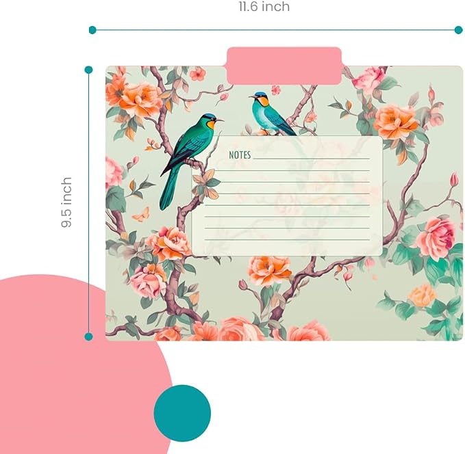12pcs Decorative File Folders Birds Desing Letter Size, with Notes, Cute Folders with Floral Branches,1/3 Cut Tab, Matte Paper Archival Colored