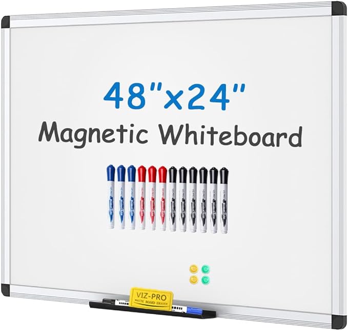 VIZ-PRO Magnetic Whiteboard/Dry Erase Board, 48 X 24 Inches, with 1 Eraser & 14 Markers & 4 Magnets