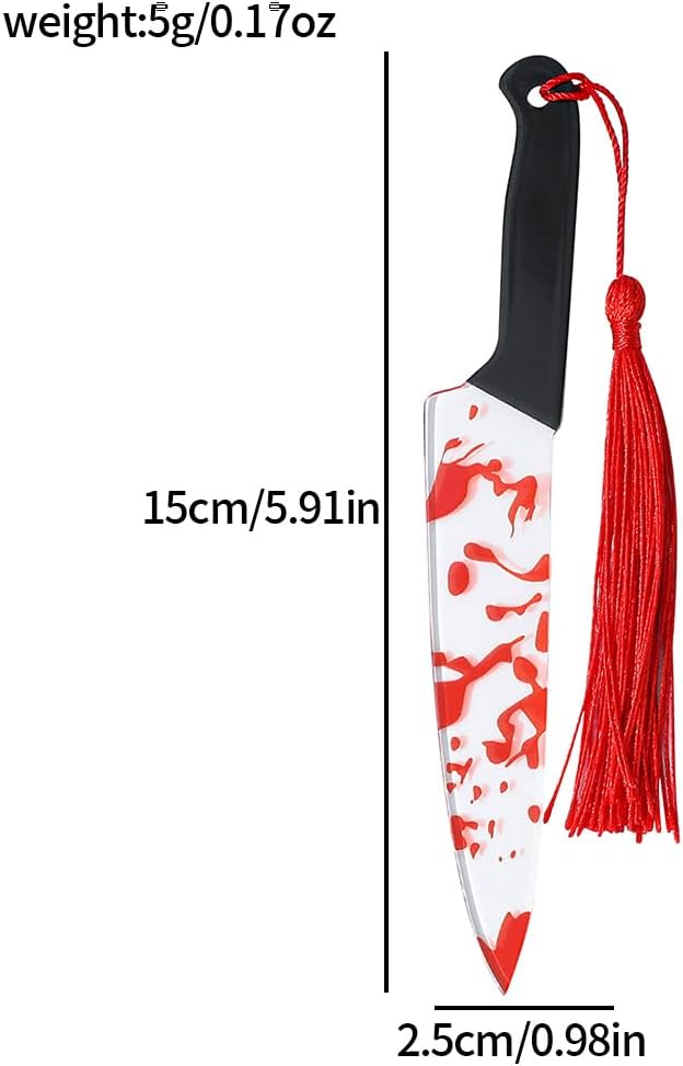 1pc Horror Novelty Bookmark - Creepy Tool Shapes with Blood Stain Design, Gothic Book Accessories for Halloween Gifts, Macabre Metal Page Holders with Red Tassels (1pc Dagger)