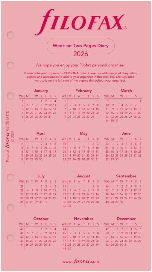 Filofax Calendar Diary Refill, Personal/Compact Size, Week-to-View, Pink Paper, Unruled, English, 2026 (C68478-26)