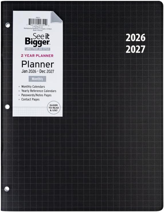 PlanAhead Jan 2026 - Dec 2027 Monthly Planner - 11"x8.75" 2 Year Academic Planner Notebook with Large Print - Black Grid Design- 3-Hole Punched Calendar Agenda for Student & Teacher
