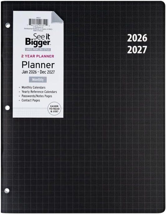 PlanAhead Jan 2026 - Dec 2027 Monthly Planner - 11"x8.75" 2 Year Academic Planner Notebook with Large Print - Black Grid Design- 3-Hole Punched Calendar Agenda for Student & Teacher