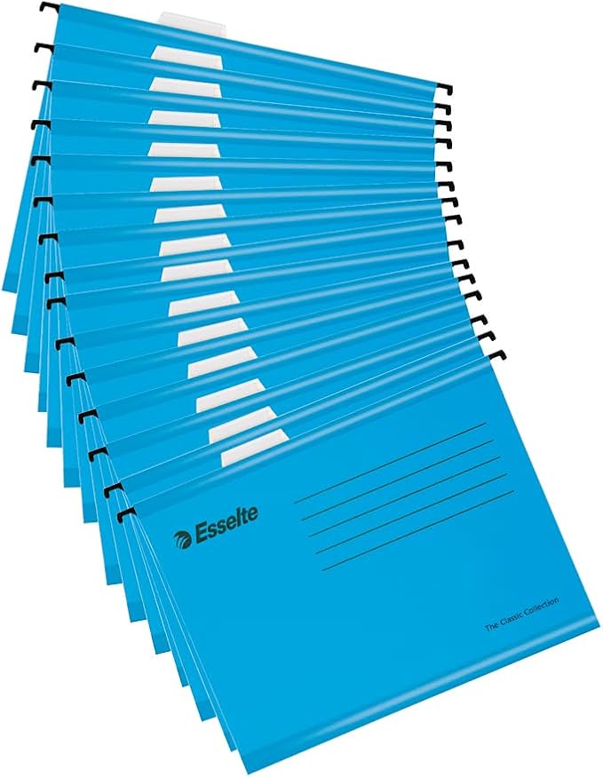 Esselte A4 Reinforced Filing Cabinet Suspension File, Pack 15, Made from Strong 100% Recycled Card, with Tabs and Card Inserts, for Home, Office, School Organisation, Blue